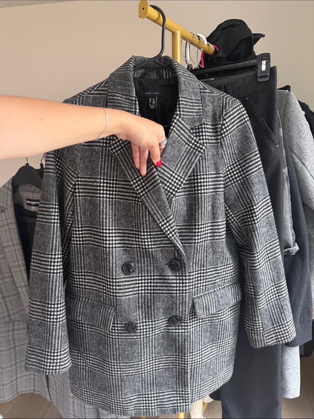 New Look Double-Breasted Plaid Pea Coat - Black & Gray